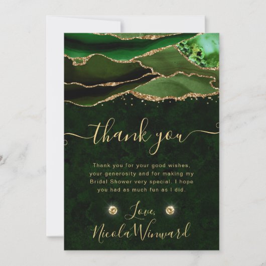 エレガントなグリーンとゴールドのグリッターアゲートのブライズシャワー サンキューカード (正面)