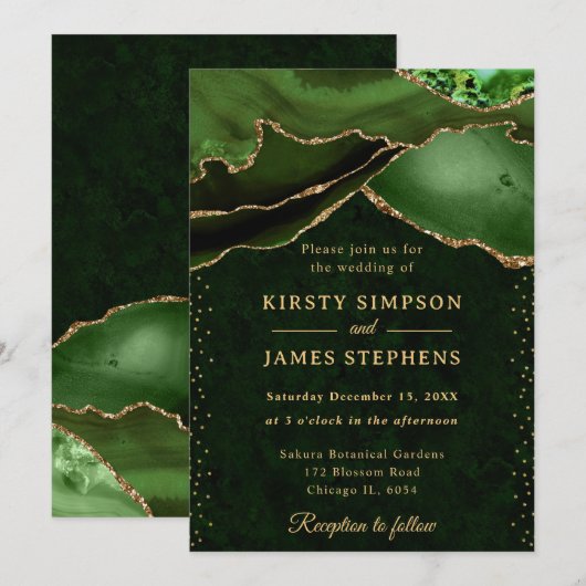エレガントなグリーンとゴールドのグリッターアゲートの結婚式 招待状 (正面/裏面)