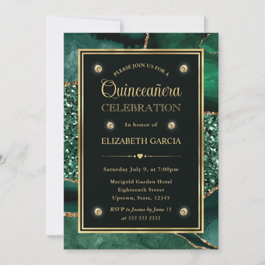 エレガントなグリーンとゴールドのグリッター アゲート キンセアニエラ 招待状 (正面)