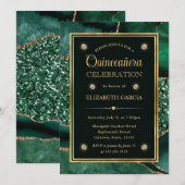 エレガントなグリーンとゴールドのグリッター アゲート キンセアニエラ 招待状 (正面/裏面)
