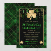 エレガントなグリーンとゴールドのシャムロック セントパトリックデー 招待状 (正面/裏面)