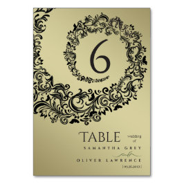 エレガントなグリーンとゴールドのダマスク柄 ウェディングテーブルナンバー テーブルナンバー