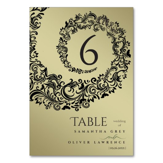 エレガントなグリーンとゴールドのダマスク柄 ウェディングテーブルナンバー テーブルナンバー (正面)