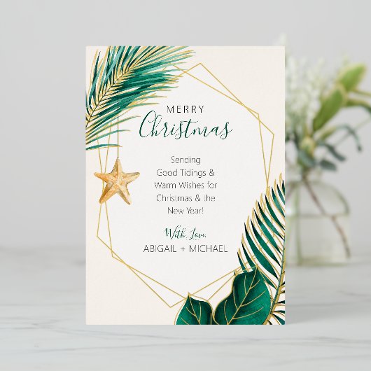 エレガントなグリーンとゴールドのビーチトロピカルクリスマス 箔シーズンカード (立ち正面)