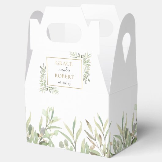 エレガントなグリーンとゴールドの幾何学模様のウェディング フェイバーボックス (オープン)