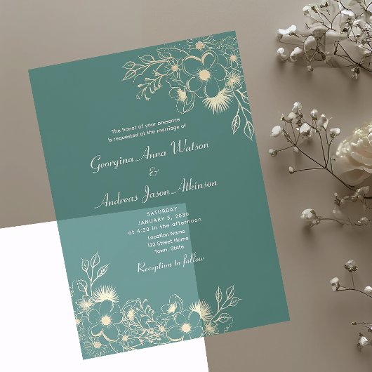 エレガントなグリーンとゴールドの結婚式 アクリル招待状