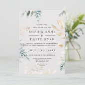 エレガントなグリーンとゴールドの葉のオールインワン結婚式 招待状 (スタンド正面)