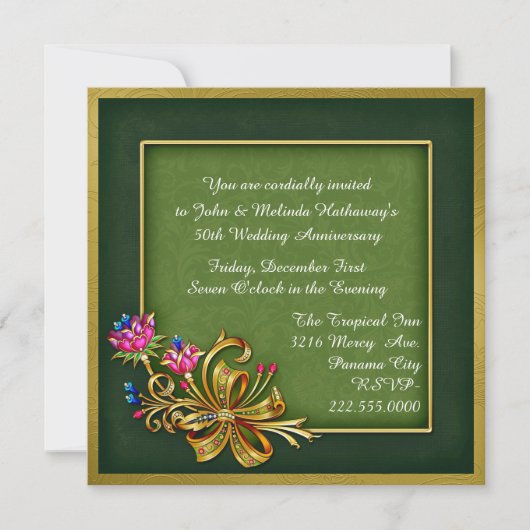 エレガントなグリーンとゴールドの50周年招待状 招待状 (正面)