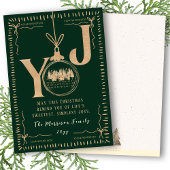 エレガントなグリーンとゴールドの「JOY」ウィンター・ヴィレッジ・シーン シーズンカード