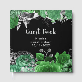 エレガントなグリーンとシルバーの花 スイートシックスティーン ゲストブック