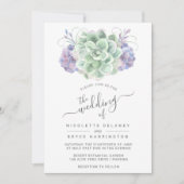 エレガントなグリーンとパープルの多肉植物のウェディング 招待状 (正面)