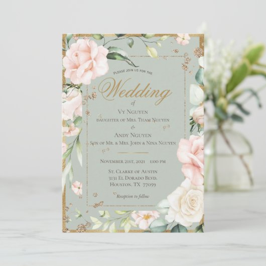 エレガントなグリーンとフラッシュピンクの水彩花柄のウェディング 招待状 (スタンド正面)