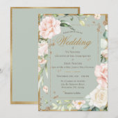 エレガントなグリーンとフラッシュピンクの水彩花柄のウェディング 招待状 (正面/裏面)