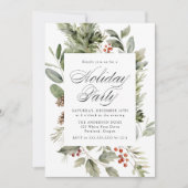 エレガントなグリーンとホリーベリーのホリデーパーティー 招待状 (正面)