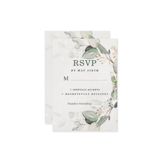 エレガントなグリーンとユーカリの花 出欠カード (正面/裏面インサイチュ)