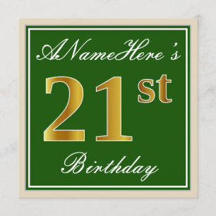 エレガントなグリーンと偽のゴールドの21歳の誕生日+名前 招待状