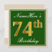 エレガントなグリーンと偽のゴールドの74歳の誕生日＋名前 招待状 (正面/裏面)