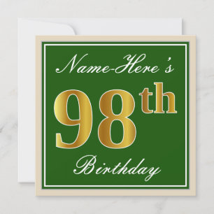 エレガントなグリーンと偽のゴールドの98歳の誕生日+名前 招待状