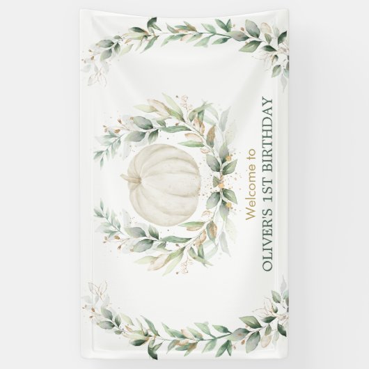 エレガントなグリーンと秋のカボチャ 1歳の誕生日おめでとう 横断幕 (縦)