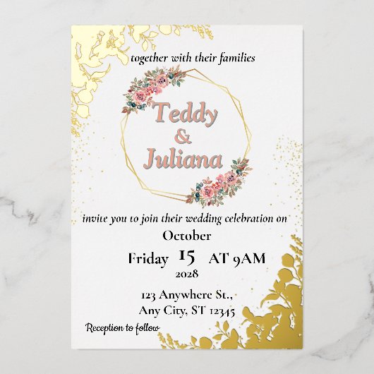 エレガントなグリーンと花のウェディング招待状 箔招待状 (正面)