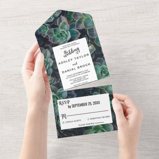 エレガントなグリーンと花のオールインワン結婚式招待状 オールインワン招待状 (貼ってはがせる)