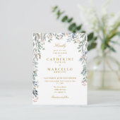 エレガントなグリーンと花のゴールド タイポグラフィー ウェディング インビテーションポストカード (スタンド正面)