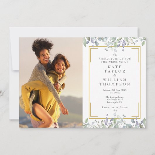 エレガントなグリーンと花の写真QRコード結婚式 招待状 (正面)