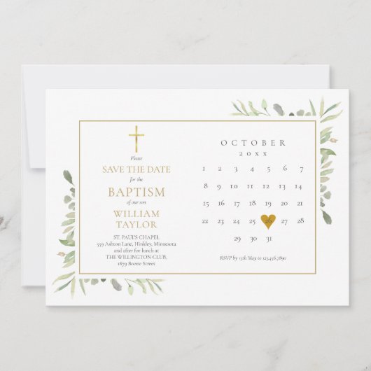 エレガントなグリーンと花の洗礼・キリスト洗礼 セーブザデート (正面)