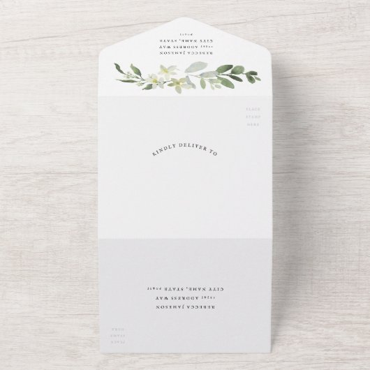 エレガントなグリーンのウェディング オールインワン招待状 (外側)