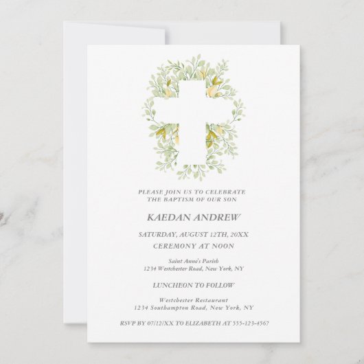 エレガントなグリーンのクリームフラワーの洗礼招待状 招待状 (正面)
