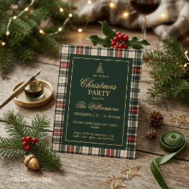 エレガントなグリーンのタータンゴールドスクリプト クリスマスパーティー 箔招待状