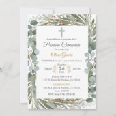 エレガントなグリーンのファーストコミュニオン（スペイン語）かわいい 招待状 (正面)