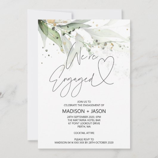 エレガントなグリーンのユーカリ　婚約のお知らせ 招待状 (正面)