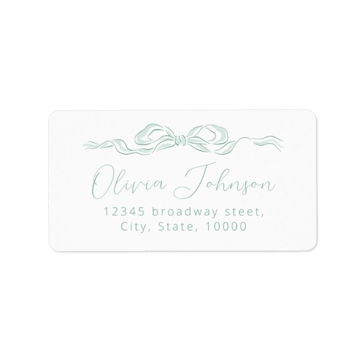 エレガントなグリーンの手描きリボン返送先ラベル ラベル (正面)