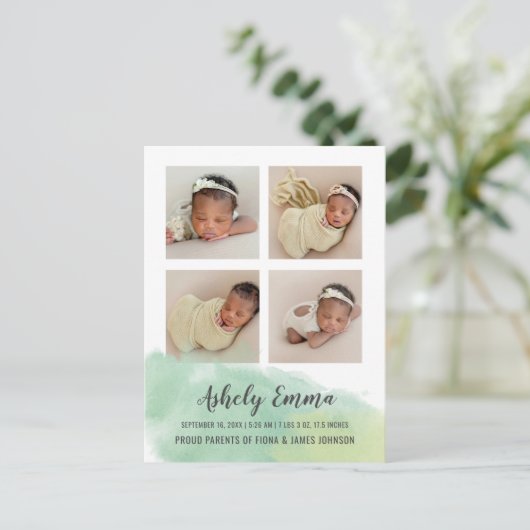 エレガントなグリーンの水彩写真 出生発表 ポストカード (スタンド正面)