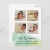 エレガントなグリーンの水彩写真 出生発表 ポストカード (正面/裏面)