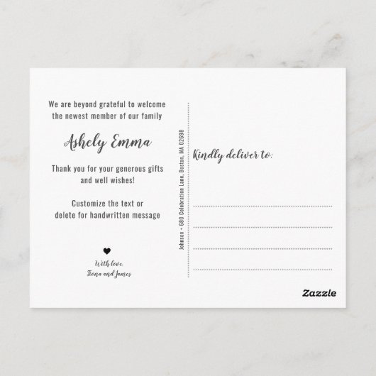 エレガントなグリーンの水彩写真 出生発表 ポストカード (裏面)