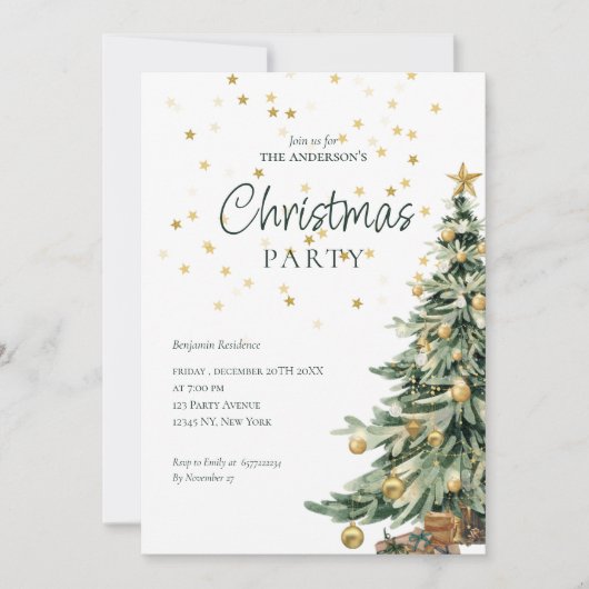 エレガントなグリーンの水彩画の木のクリスマス パーティー シーズンカード (正面)