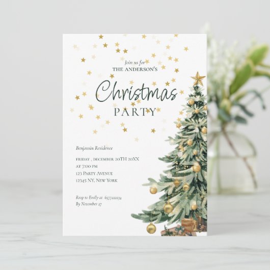 エレガントなグリーンの水彩画の木のクリスマス パーティー シーズンカード (スタンド正面)