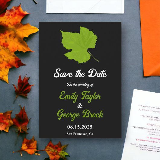 エレガントなグリーンの秋の落ち葉 ブラック フラワー ウェディング セーブザデート