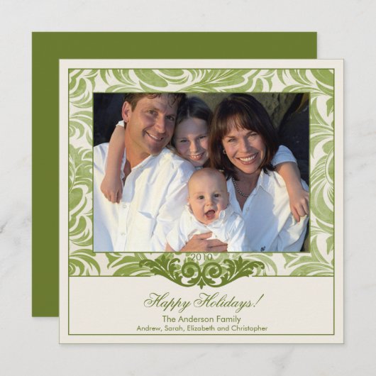 エレガントなグリーンの花が咲き誇るクリスマス写真カード シーズンカード (正面/裏面)
