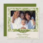 エレガントなグリーンの花飾りクリスマス写真カード シーズンカード (正面/裏面)