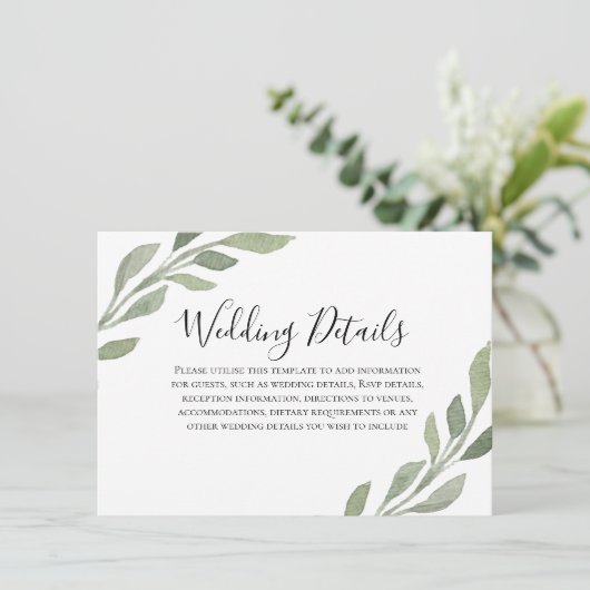 エレガントなグリーンの葉のウェディングレセプションの詳細 エンクロージャーカード (スタンド正面)