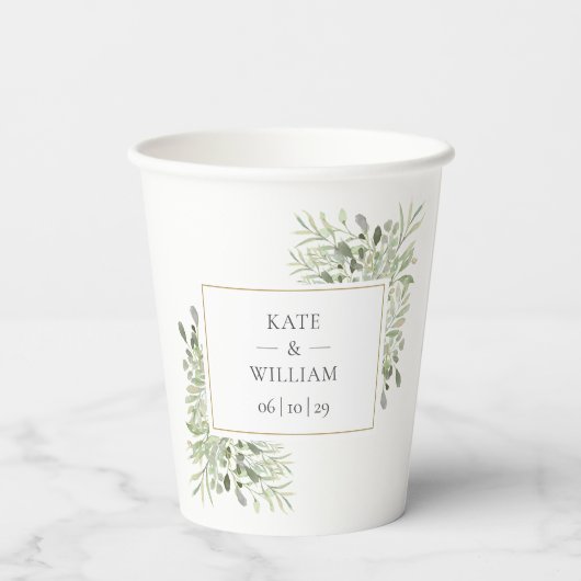 エレガントなグリーンの葉のウェディング 紙コップ (裏面)