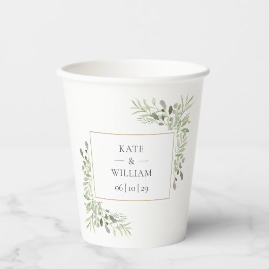 エレガントなグリーンの葉のウェディング 紙コップ (正面)