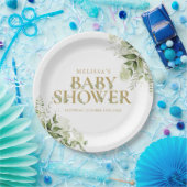 エレガントなグリーンの葉飾り ゴールド ベビーシャワー ペーパープレート (パーティー)