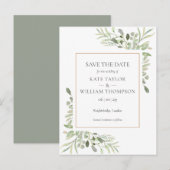 エレガントなグリーンの葉 ウェディング セーブ・ザ・デート 案内ポストカード (正面/裏面)