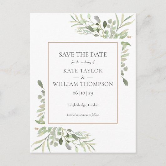 エレガントなグリーンの葉 ウェディング セーブ・ザ・デート 案内ポストカード (正面)
