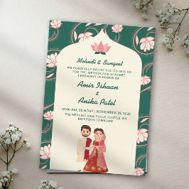 エレガントなグリーンの蓮のランタン　メヘンディ・サンギート　インド 招待状