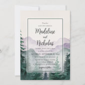 エレガントなグリーンの霧の山々と森のウェディング 招待状 (正面)